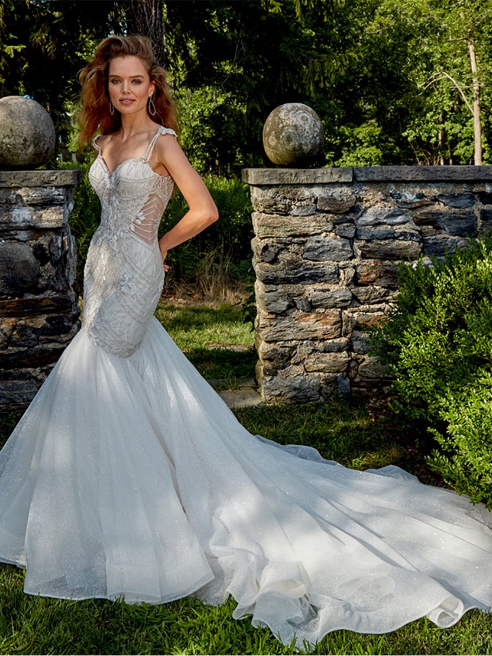 Eve of Milady Ivory Beaded Mermaid Wedding Dress with Long Train style 374